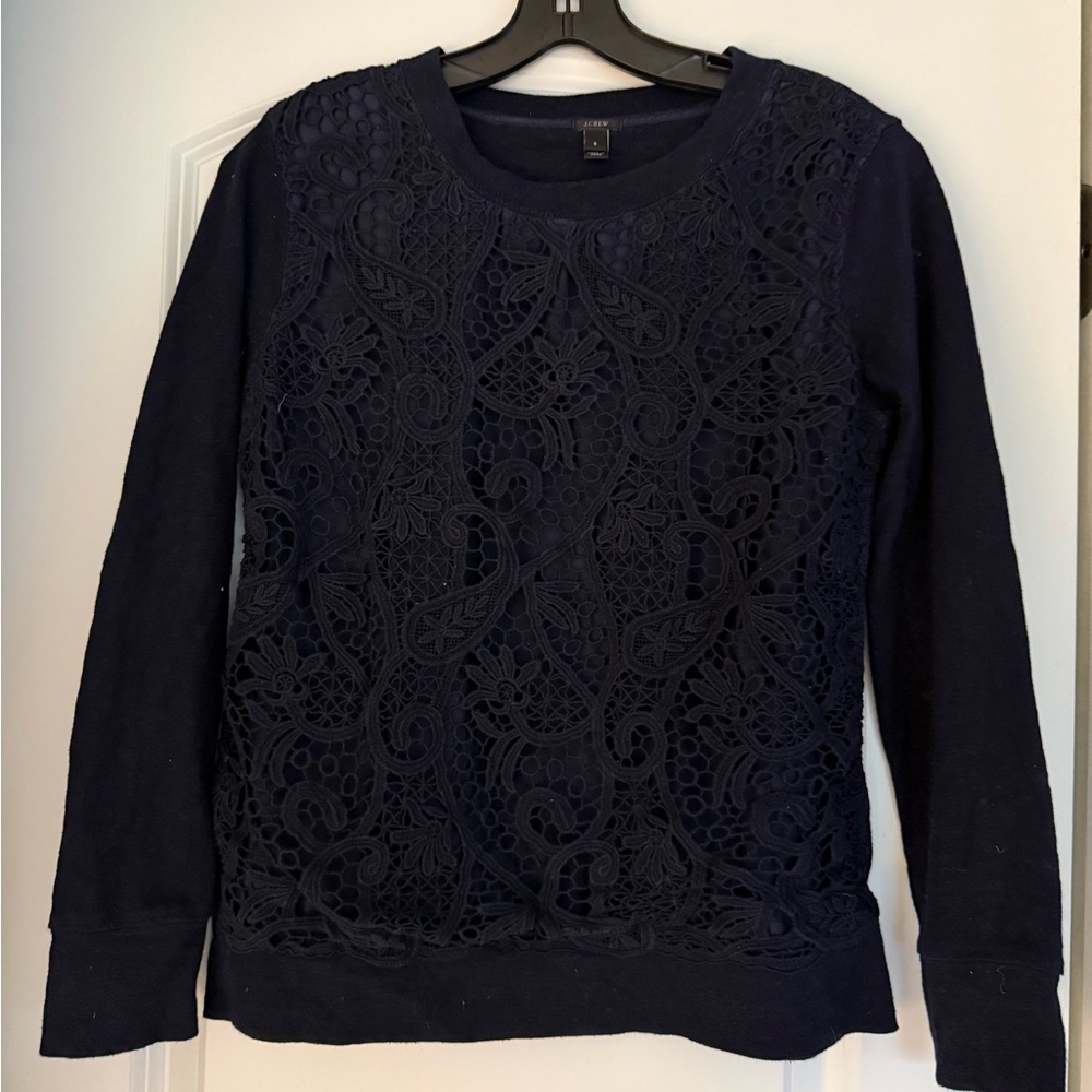 J. Crew Navy Lace-Front Pullover Sweatshirt Small